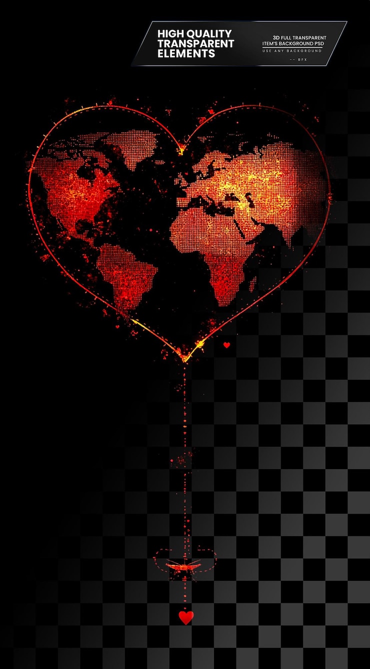 PSD the heartshaped world map with the shape of continents on transparent background
