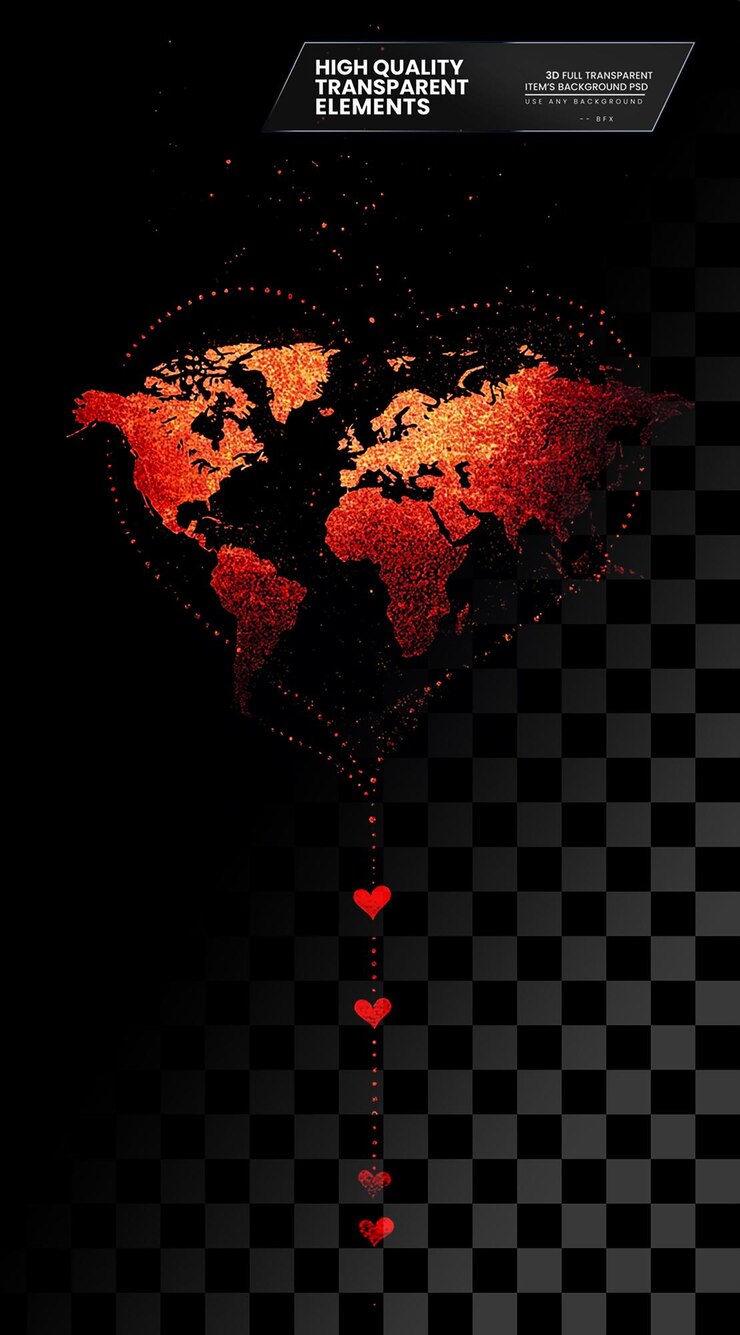 PSD the heartshaped world map with the shape of continents on transparent background