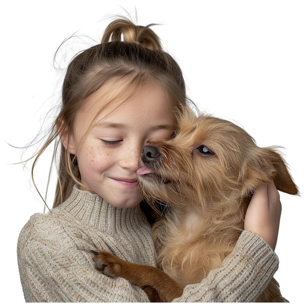 PSD una foto commovente di un piccolo cane incrociato tra le braccia di una bella ragazza che le lecca la faccia