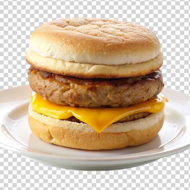 PSD hearty sausage mcmuffin on white plate isolated on transparent background