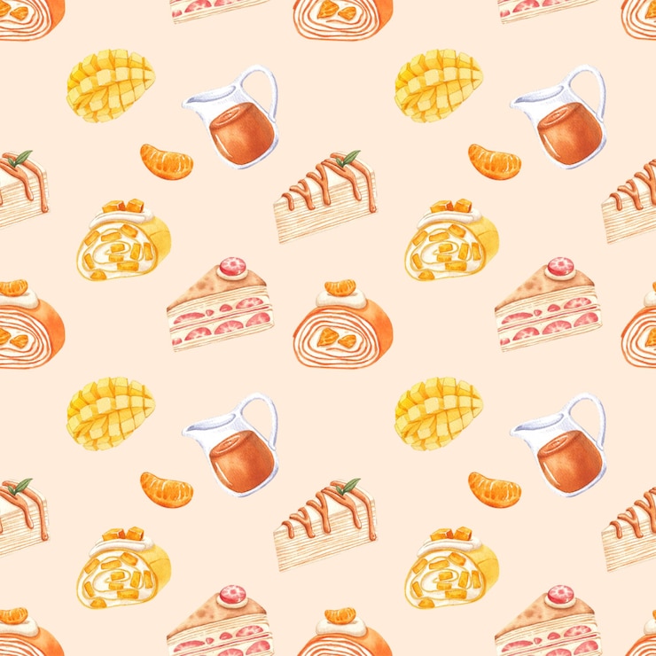 PSD heavenly crepe cake roll handdrawn watercolor painting pattern seamless design