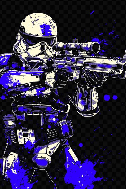 PSD heavy assault trooper with a minigun in a spinning pose mani tshirt design art tattoo ink outlines