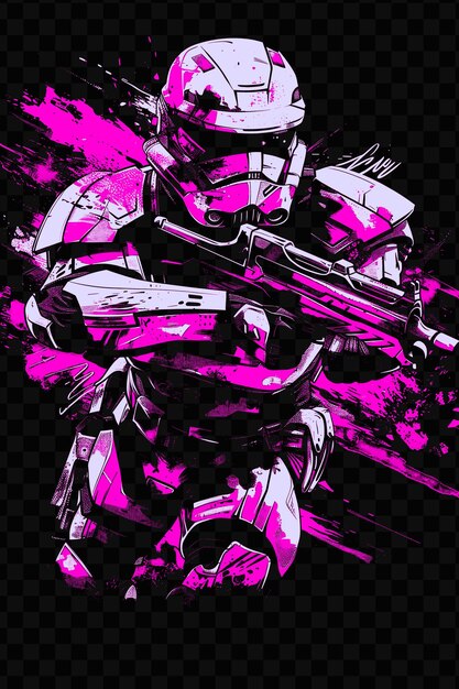 PSD heavy assault trooper with a minigun in a spinning pose mani tshirt design art tattoo ink outlines