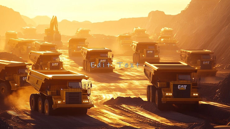 PSD heavy mining trucks at sunset in quarry