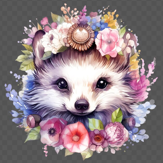 PSD hedgehog head with flowers on his head in the sty waterclor style isolated psd transparent design