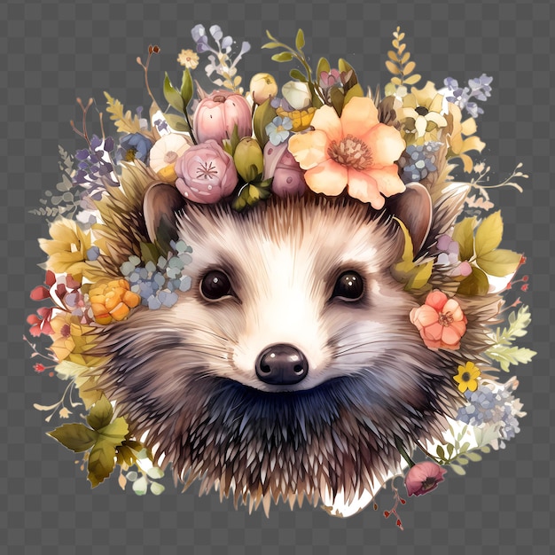 PSD hedgehog hoofd met bloemen op zijn hoofd in de sty waterclor stijl geïsoleerd psd doorzichtig ontwerp