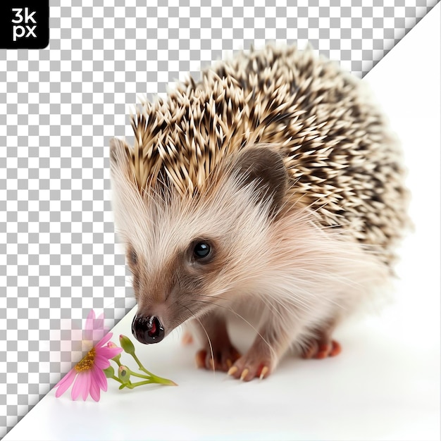 PSD a hedgehog is sniffing a flower that is labeled with the letter h p