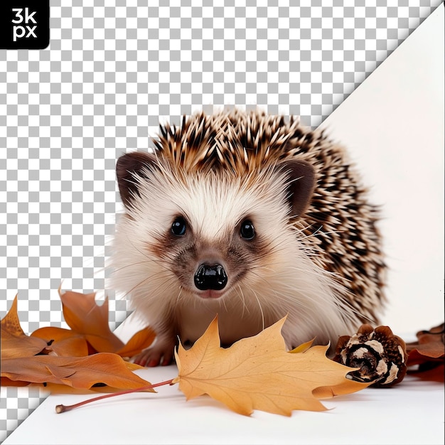 A hedgehog sits in front of a white background with leaves and a black box with the logo for the x - h2x