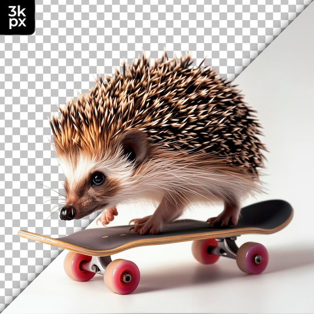 PSD a hedgehog on a skateboard with a black background with a white background