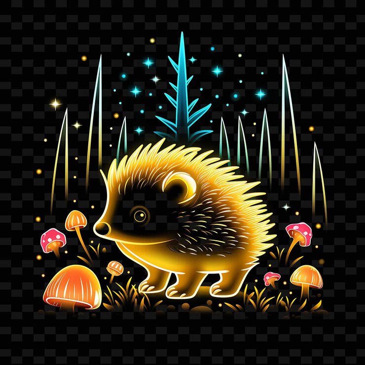 PSD hedgehog whimsical forest spike like neon lines mushrooms sp png y2k shapes transparent light arts