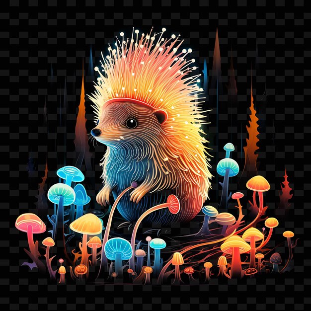Hedgehog whimsical forest spike like neon lines mushrooms sp png y2k shapes transparent light arts