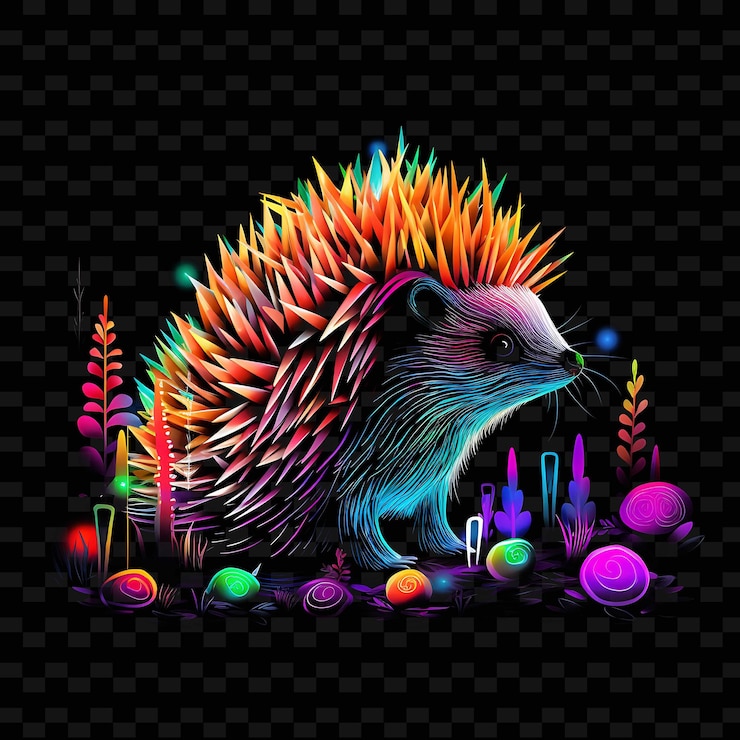 PSD hedgehog whimsical forest spike like neon lines mushrooms sp png y2k shapes transparent light arts