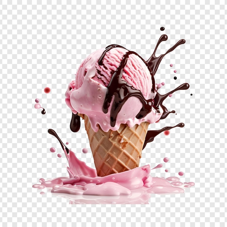 PSD heerlijk roze ijs met chocoladesaus.