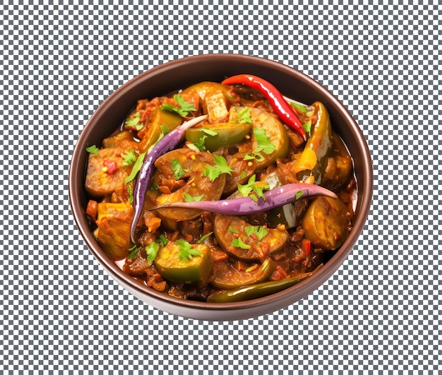 Heerlijke Baingan Mirch Ka Salan geïsoleerd op witte achtergrond