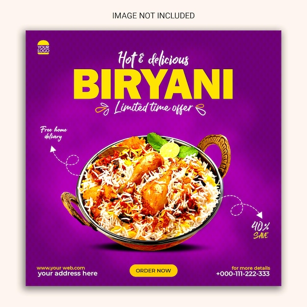 Heerlijke biryani social media postsjabloon.