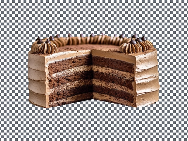 PSD heerlijke gedecoreerde mokka-hazelnootcake met een plakje uitgesneden geïsoleerd op transparante achtergrond