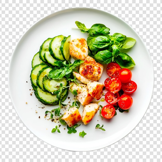 Heerlijke gegrilde kipsalade met komkommers en kersentomaten op een wit bord
