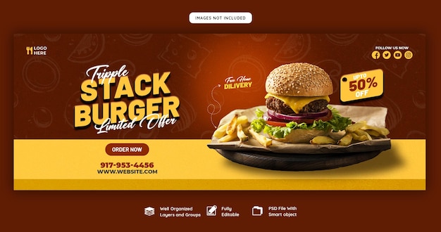 Heerlijke hamburger en eten menu facebook voorbladsjabloon