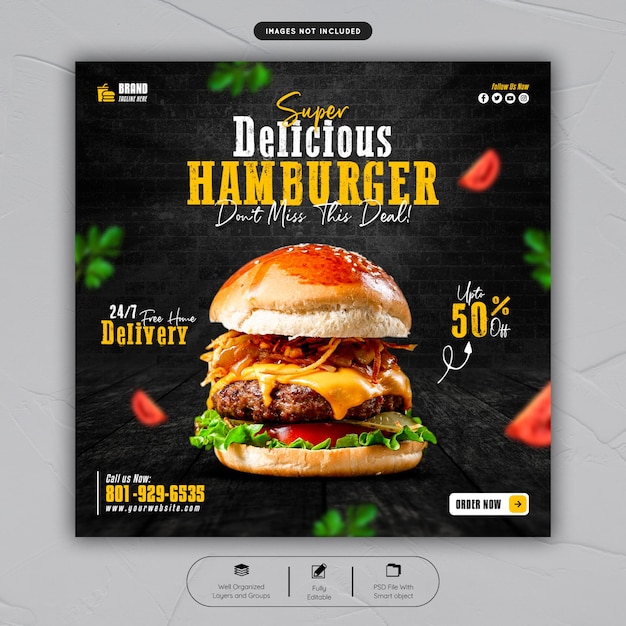 Heerlijke hamburger en eten menu social media banner postsjabloon