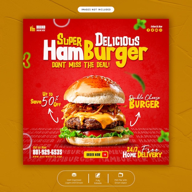 Heerlijke hamburger en eten menu social media banner postsjabloon