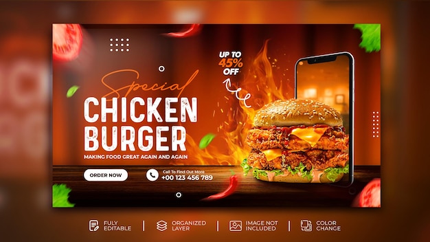 Heerlijke hamburger en eten menu social media banner sjabloon psd