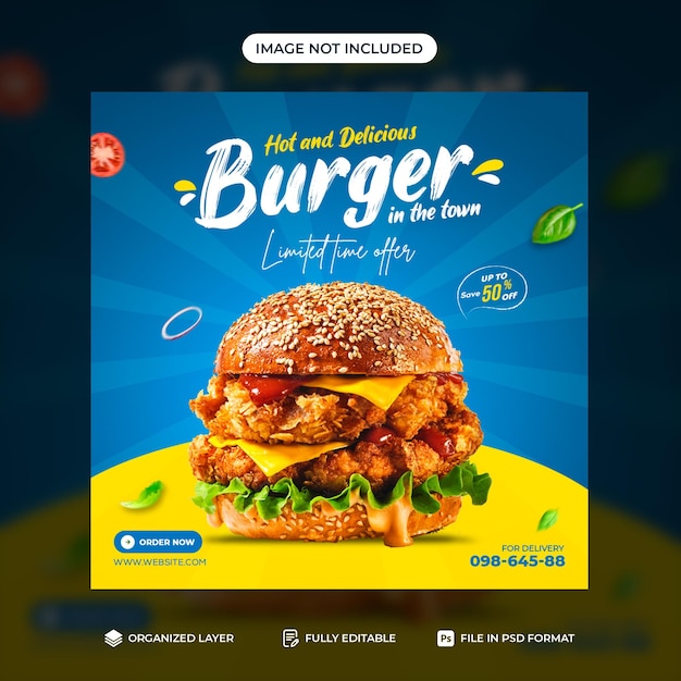 Heerlijke hamburger en eten menu social media promotie banner sjabloonontwerp