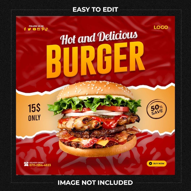 Heerlijke hamburger en eten menu social media sjabloon