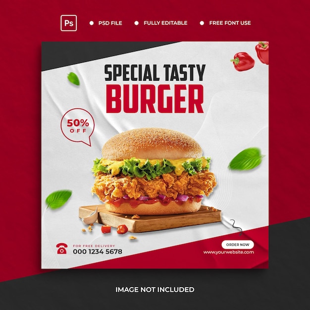 Heerlijke hamburger en eten menu sociale media en instagram postsjabloon premium psd