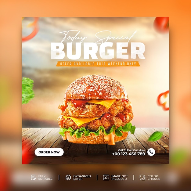 Heerlijke hamburger en eten menu sociale media promotie vierkante banner sjabloon psd