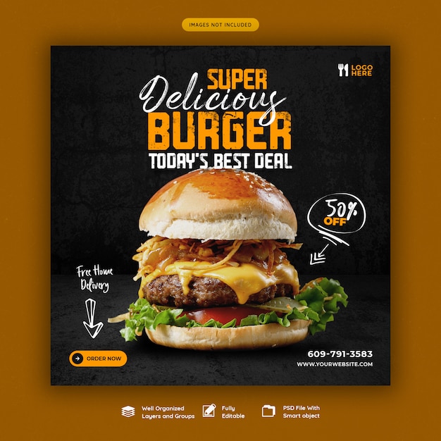Heerlijke hamburger en eten menu sociale media-sjabloon voor spandoek
