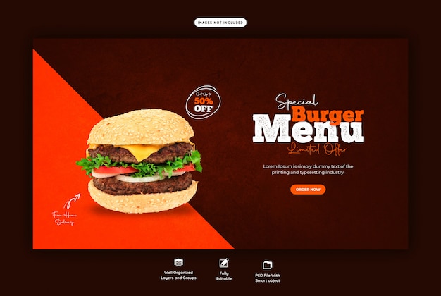 Heerlijke hamburger en eten menu websjabloon voor spandoek