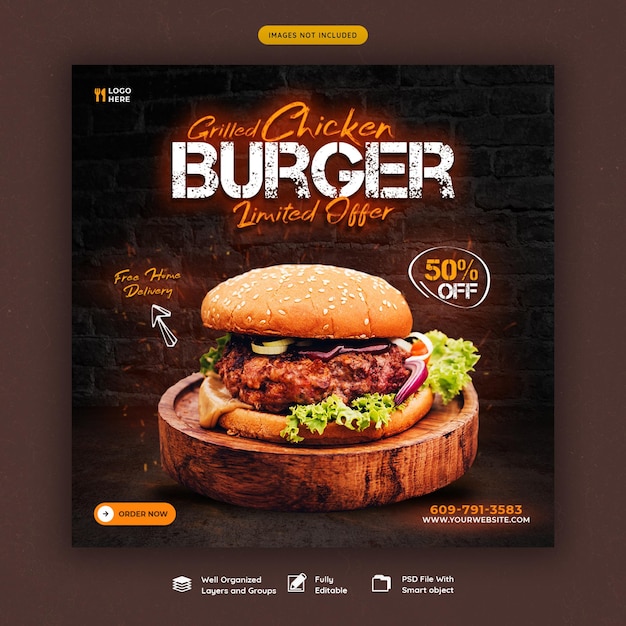 Heerlijke hamburger en eten menusjabloon voor sociale media-spandoek