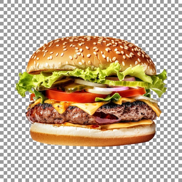 Heerlijke hamburger met kaas, uien, tomaat en rundvlees op transparante achtergrond