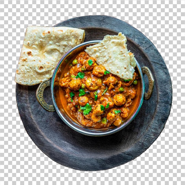 Heerlijke Indiase curry met Roti op een houten bord