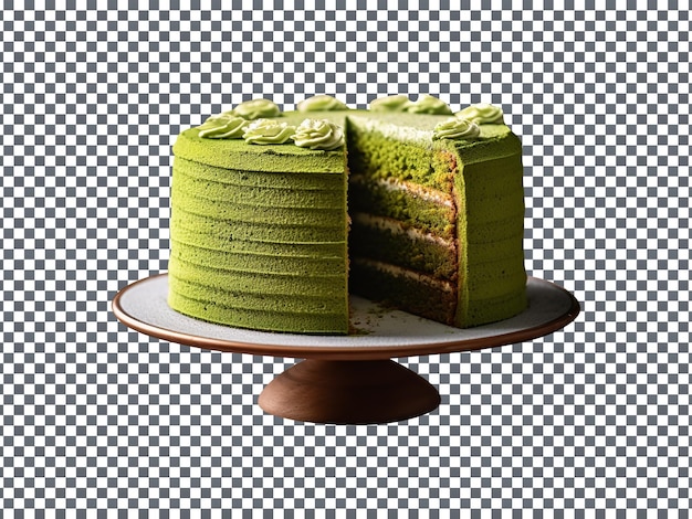 PSD heerlijke matcha groene theecake met een plakje uitgesneden geïsoleerd op transparante achtergrond