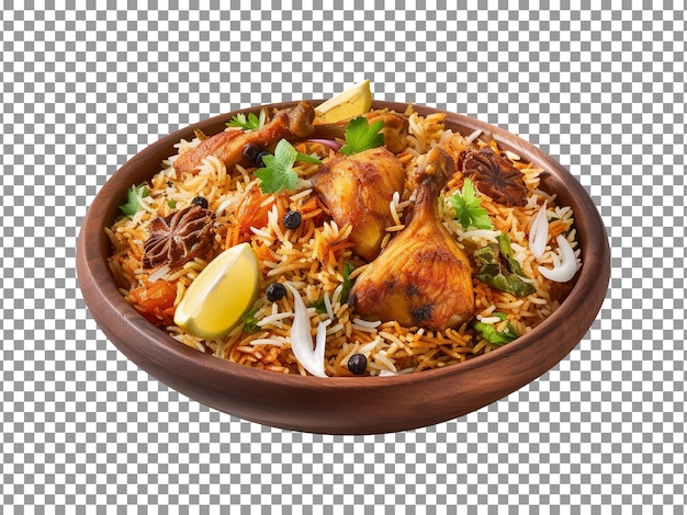 PSD heerlijke overheerlijke biryani met stukjes kip geïsoleerd op transparante achtergrond