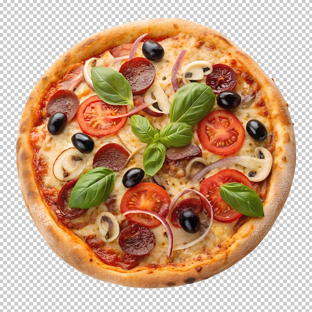 Heerlijke pepperoni pizza met olijven tomaten en verse basilicum
