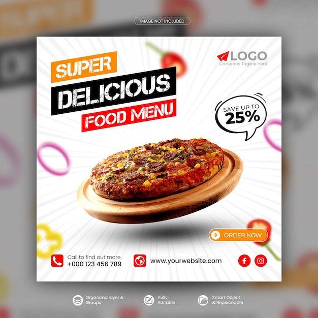 Heerlijke pizza en eten menu sociale media promotie vierkante banner psd-sjabloon