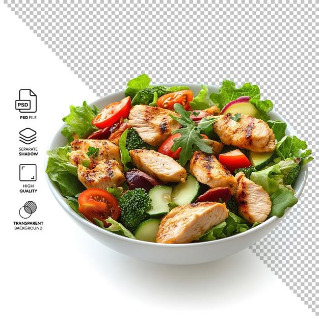 Heerlijke salade met kip en groenten zonder achtergrond.