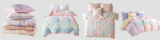 PSD heirloom quilted comforter set in zachte pasteltinten set geïsoleerd op doorzichtige achtergrond