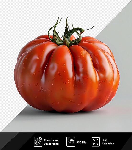 An heirloom tomato with a green top and a dark shadow on a white surface png psd