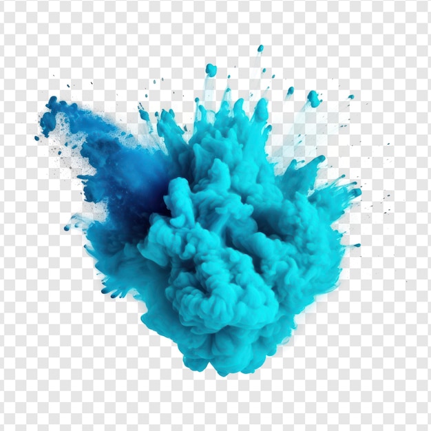 PSD helder cyan blauwe holi verf kleur poeder festival explosie barst op transparantie achtergrond psd