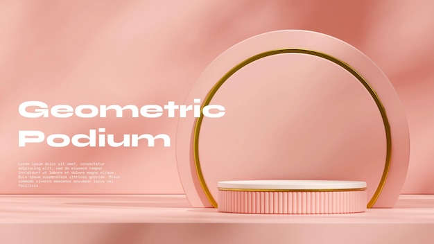 heldere scène roze achtergrond 3D-beeld maakt leeg mockup roze en gouden cilinderpodium in landschap
