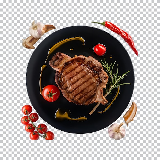 Hele tabakskippen op een bord met tomaten en kruiden op een doorzichtige achtergrond