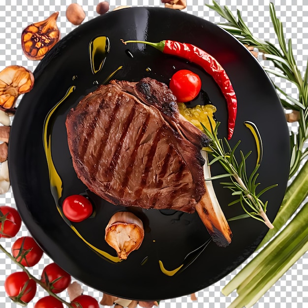 Hele tabakskippen op een bord met tomaten en kruiden op een doorzichtige achtergrond