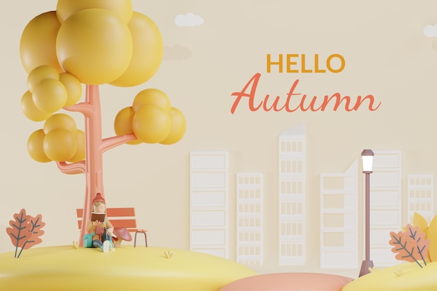 Hello autumn banner template girl reading book 3d render