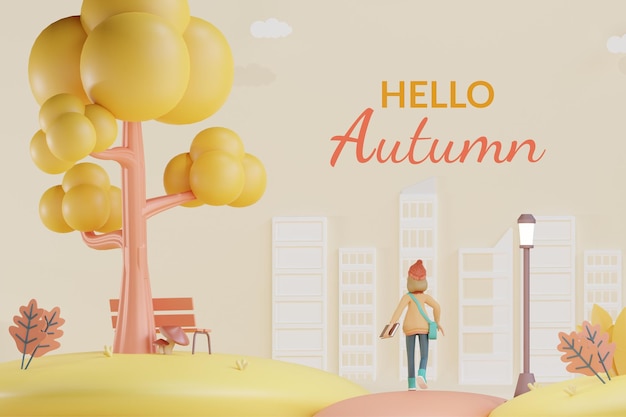 Ciao autunno banner modello ragazza che cammina 3d rendering