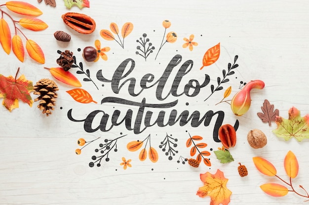 Hello autumn calligraphy with leaves