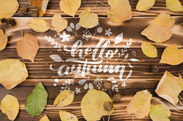 PSD hello autumn concept surrounded by dry leaves