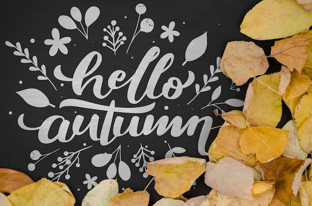 PSD hello autumn lettering on black background